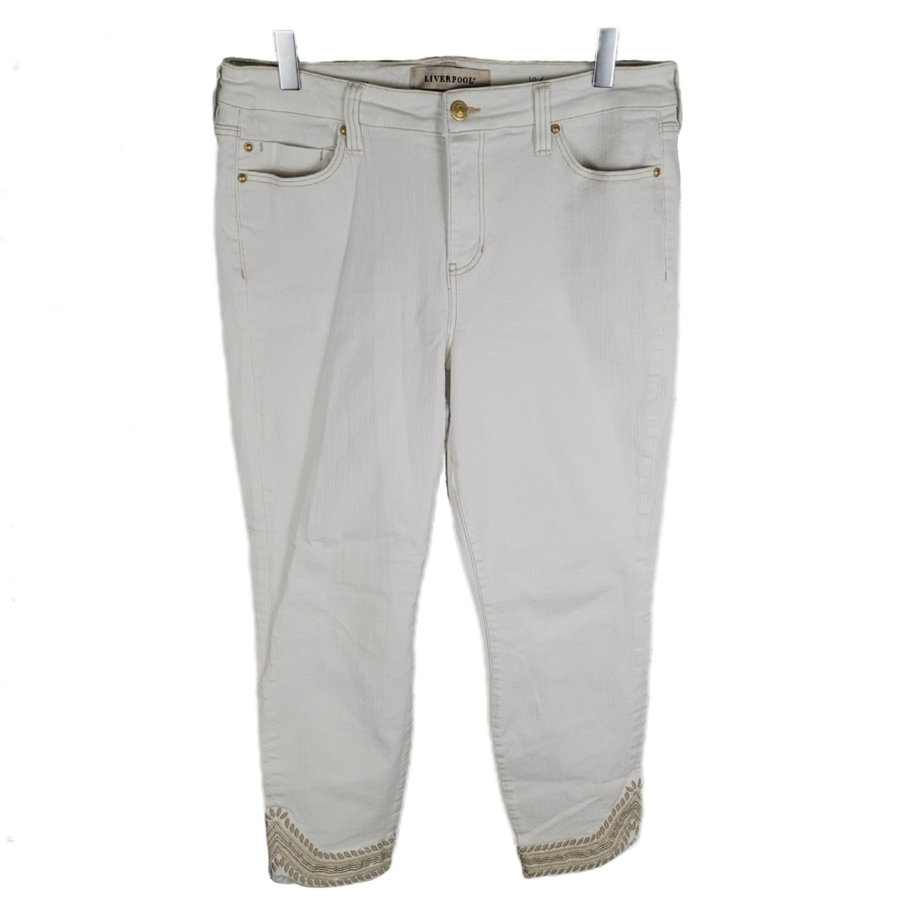 LIVERPOOL | The Crop cropped stretch gold stitch embroidered hem detail jeans